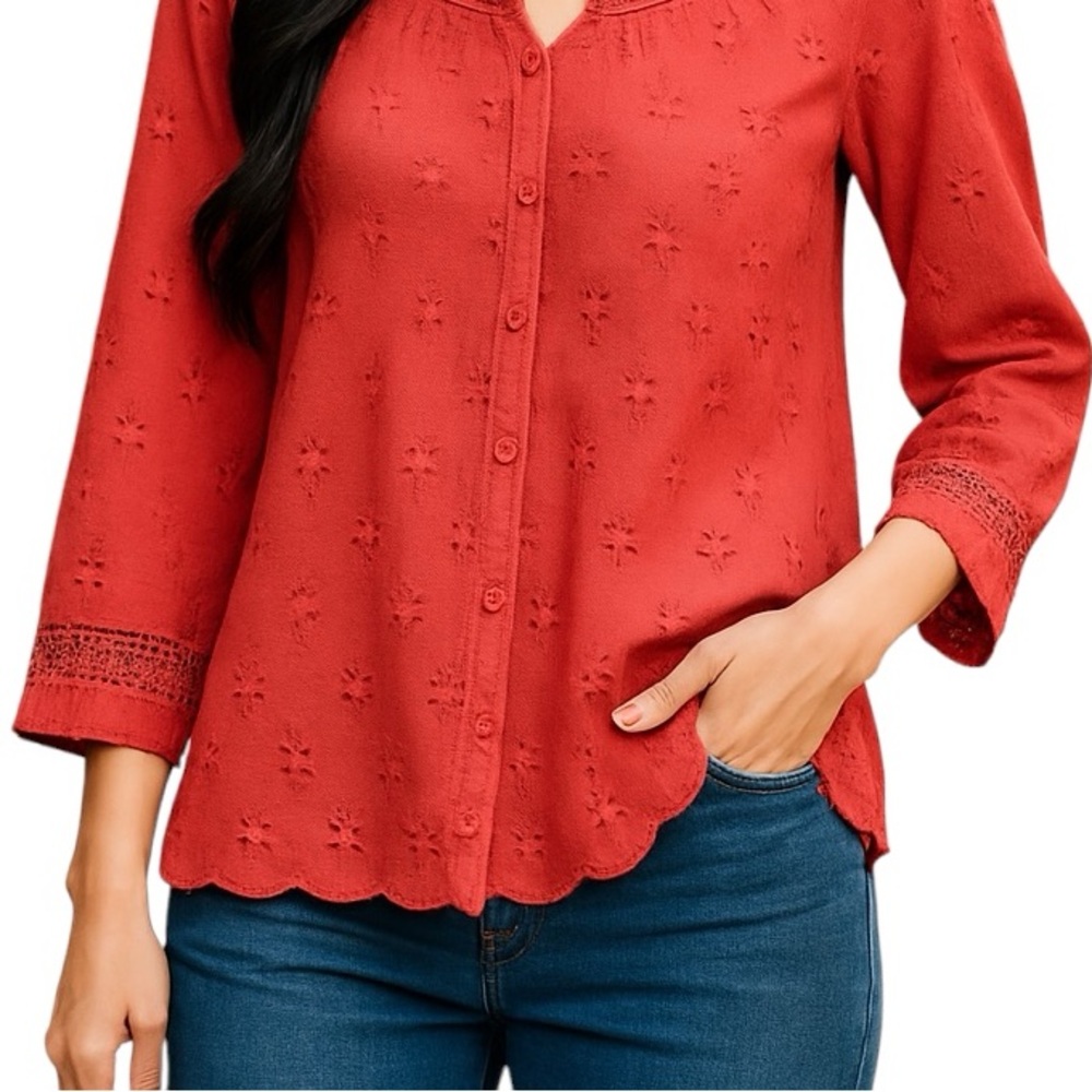 GERARD DAREL ANGELA EYELET CORAL BUTTON DOWN LONG SLEEVE ROUND NECK TUNIC TOP S